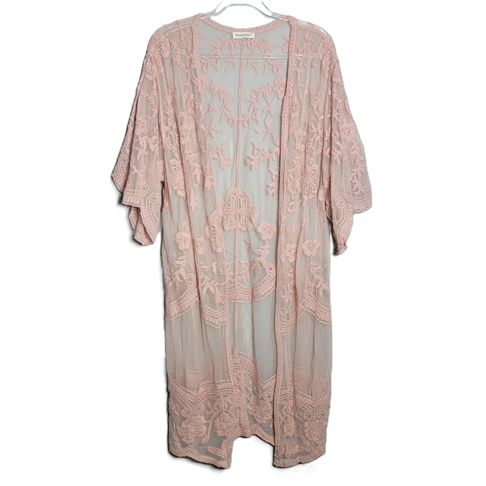 Anna-Kaci Pink Floral Embroidered Lace Kimono‎ Cardigan Open Front Mesh Boho